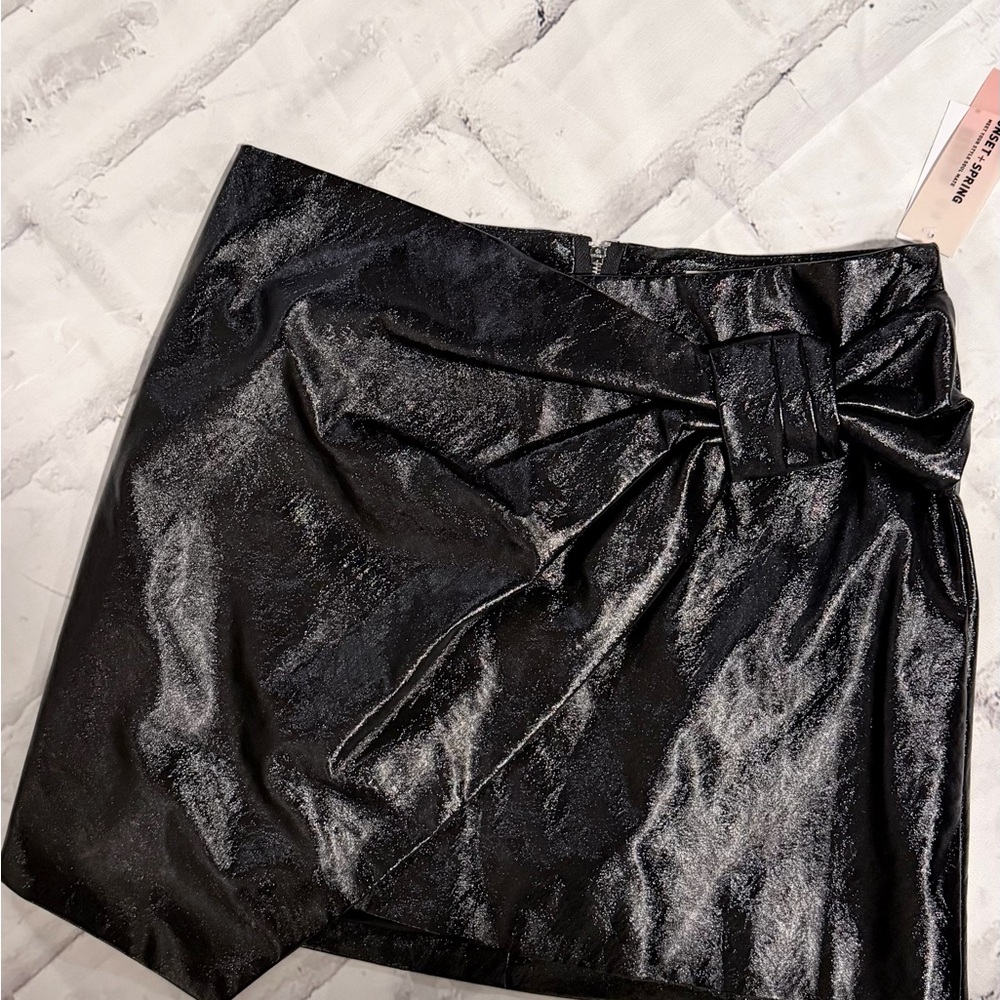 Black Faux Leather Mini Skirt Wrap Tie Waist Party Club Bodycon M NWT Y2K